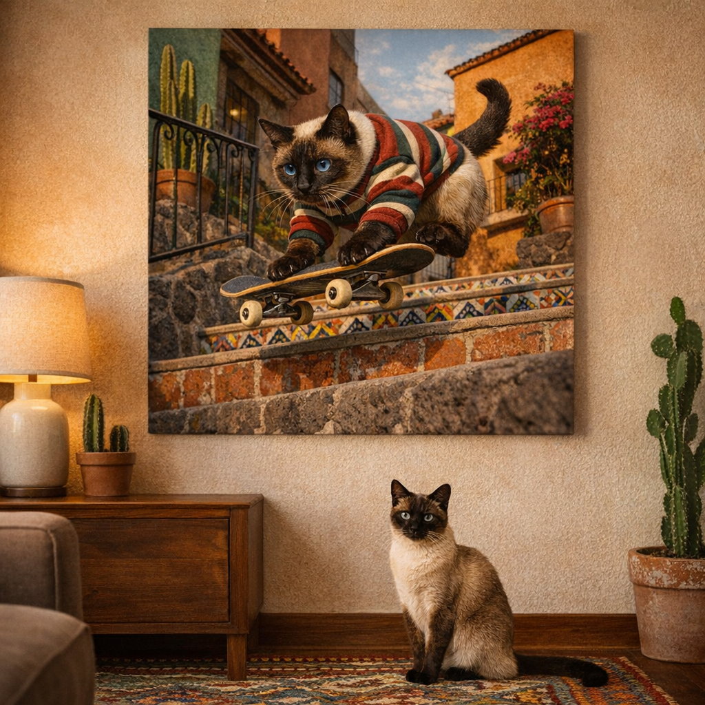 Skater Kids Canvas room mockup; custom cat portrait canvas from photo in the Skater Kids style; skate-themed; pointed cat; proof before print.