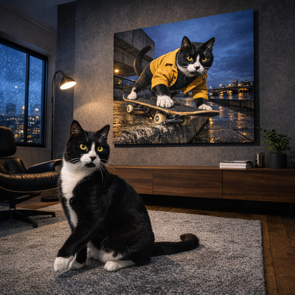 Skater Kids Canvas room mockup; custom cat portrait canvas from photo in the Skater Kids style; skate-themed; tuxedo cat; proof before print.