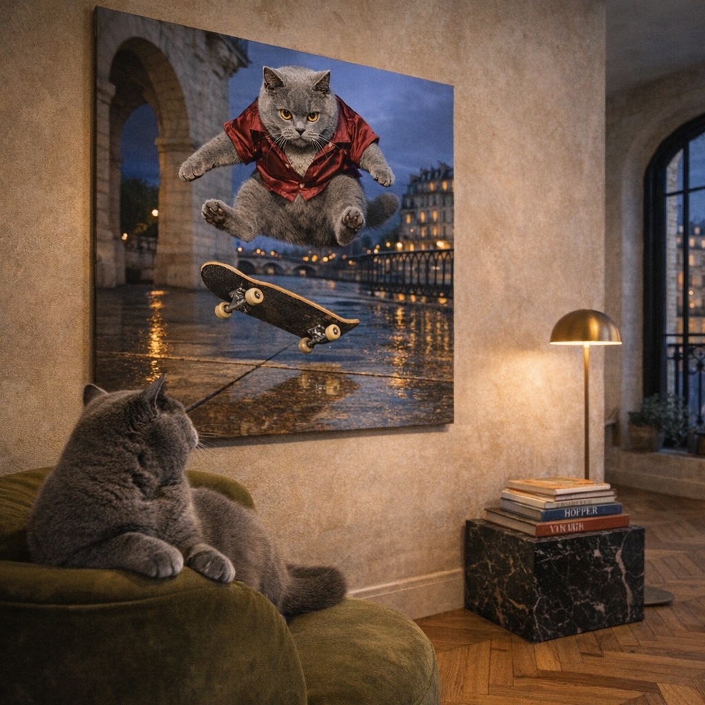 Skater Kids Canvas room mockup; custom cat portrait canvas from photo in the Skater Kids style; skate-themed; gray cat; proof before print.