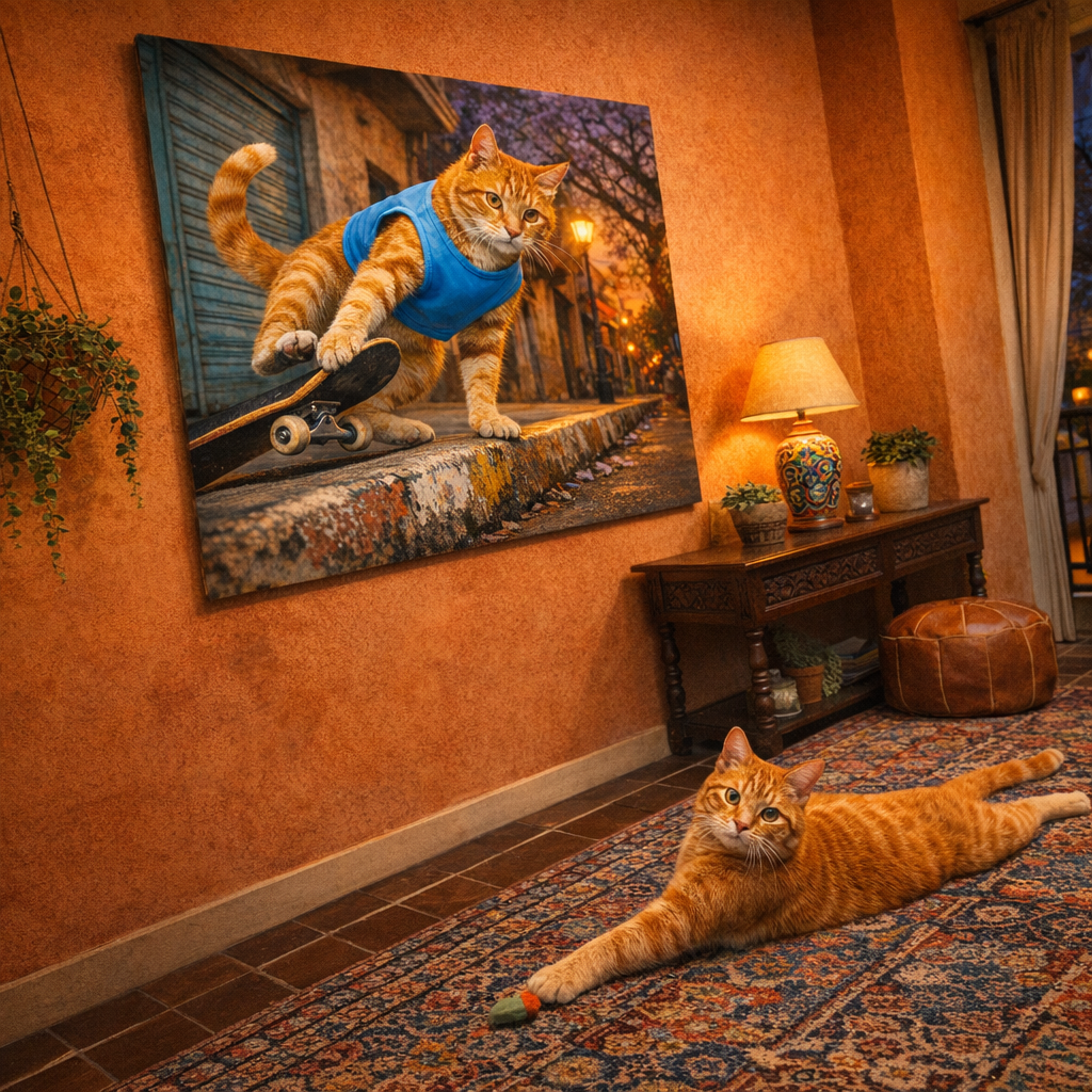 Skater Kids Canvas room mockup; custom cat portrait canvas from photo in the Skater Kids style; skate-themed; orange tabby cat; proof before print.