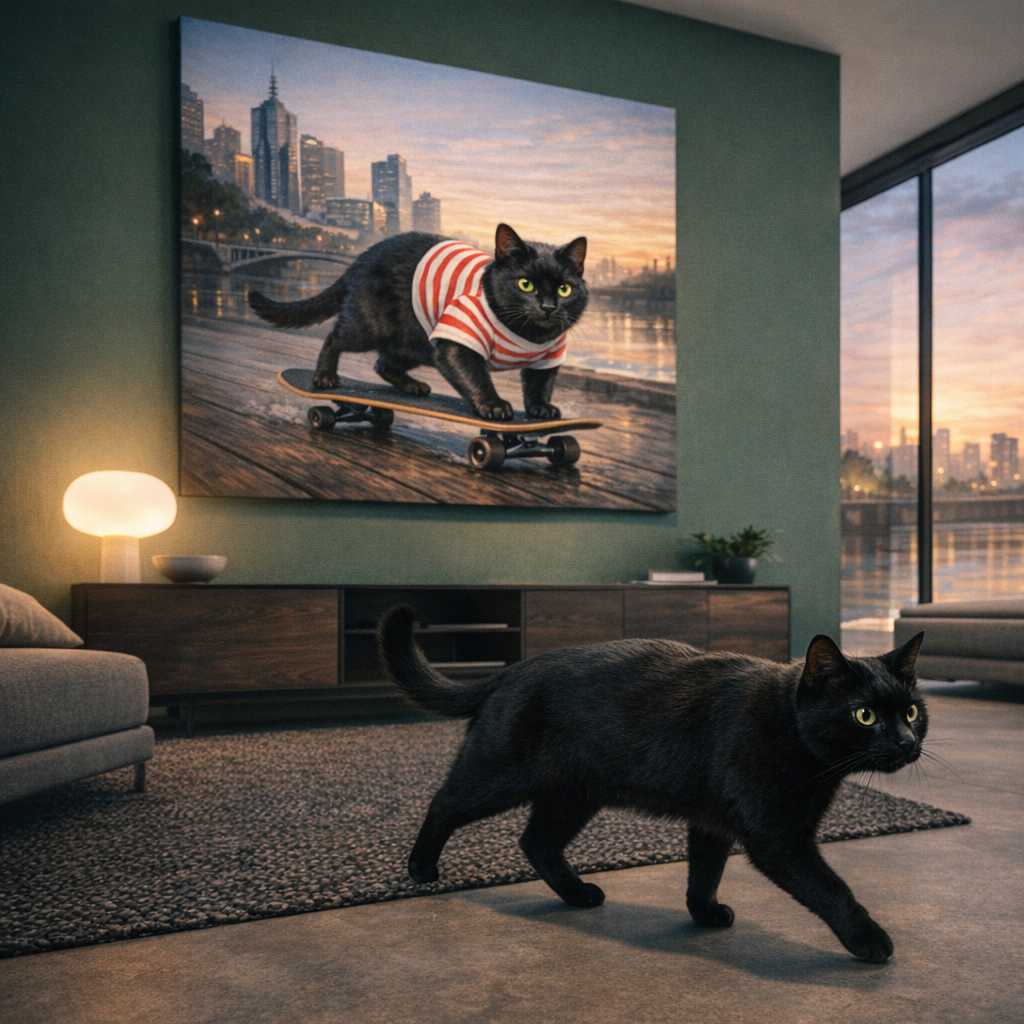 Skater Kids Canvas room mockup; custom cat portrait canvas from photo in the Skater Kids style; skate-themed; black cat; proof before print.