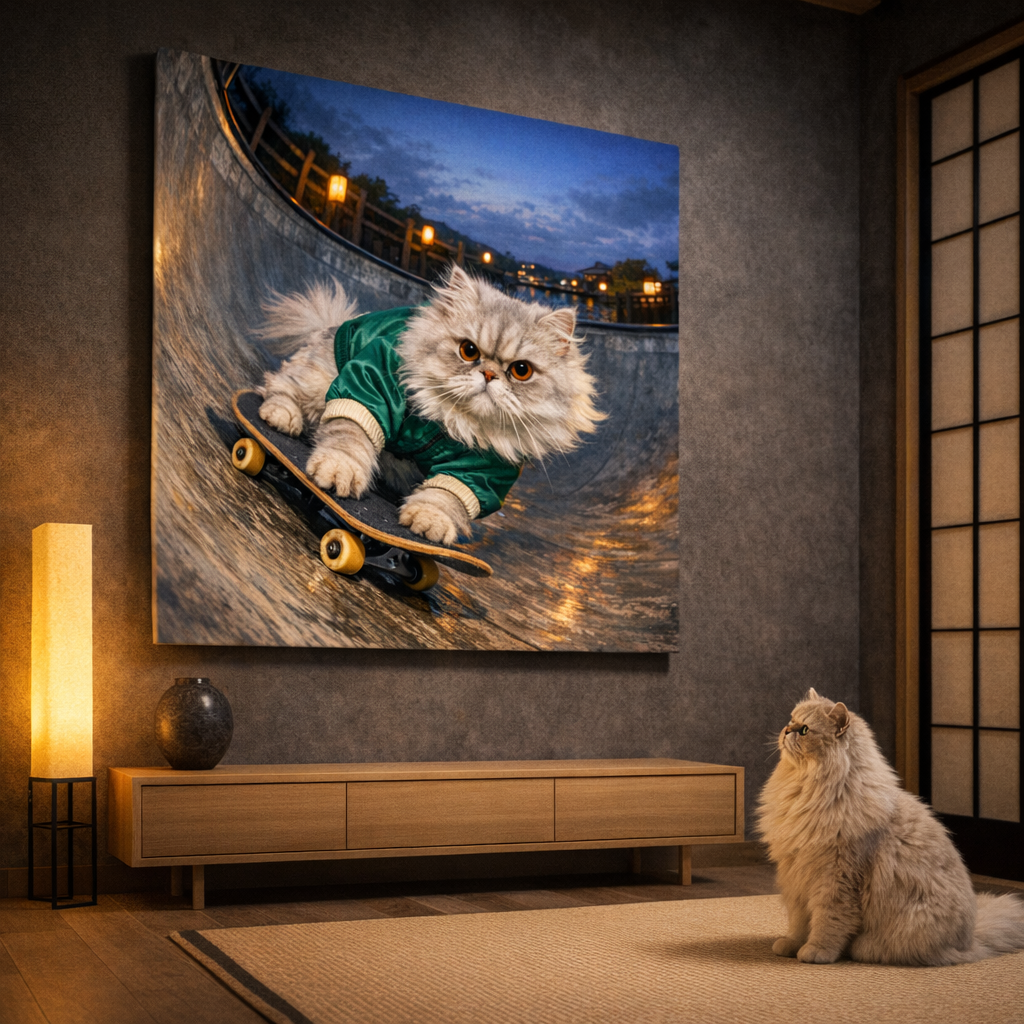 Skater Kids Canvas room mockup; custom cat portrait canvas from photo in the Skater Kids style; skate-themed; longhair cat; proof before print.