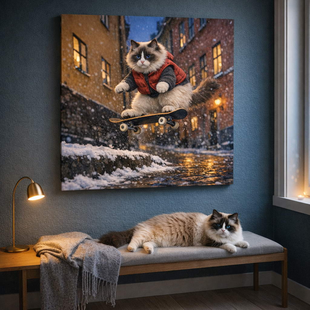 Skater Kids Canvas room mockup; custom cat portrait canvas from photo in the Skater Kids style; skate-themed; longhair cat; proof before print.
