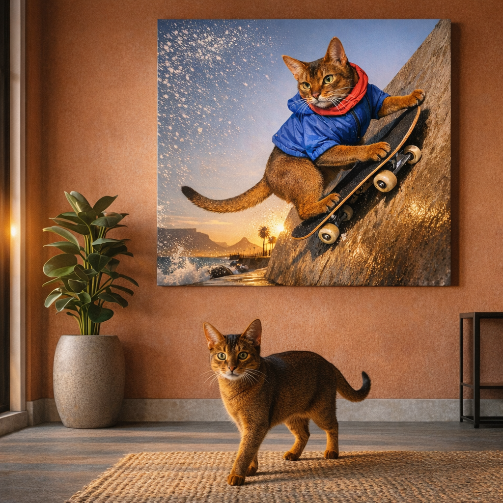 Skater Kids Canvas room mockup; custom cat portrait canvas from photo in the Skater Kids style; skate-themed; warm-toned cat; proof before print.