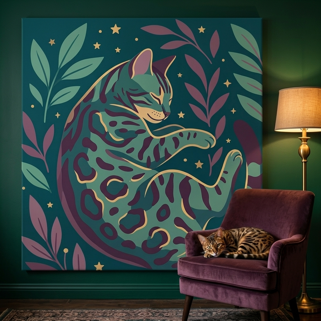 Soft Dream Canvas room mockup; custom cat portrait canvas from photo in the Soft Dream style; spotted tabby-like cat; proof before print.