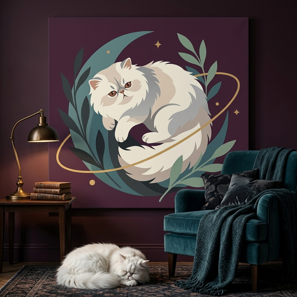 Soft Dream Canvas room mockup; custom cat portrait canvas from photo in the Soft Dream style; longhair cat; proof before print.