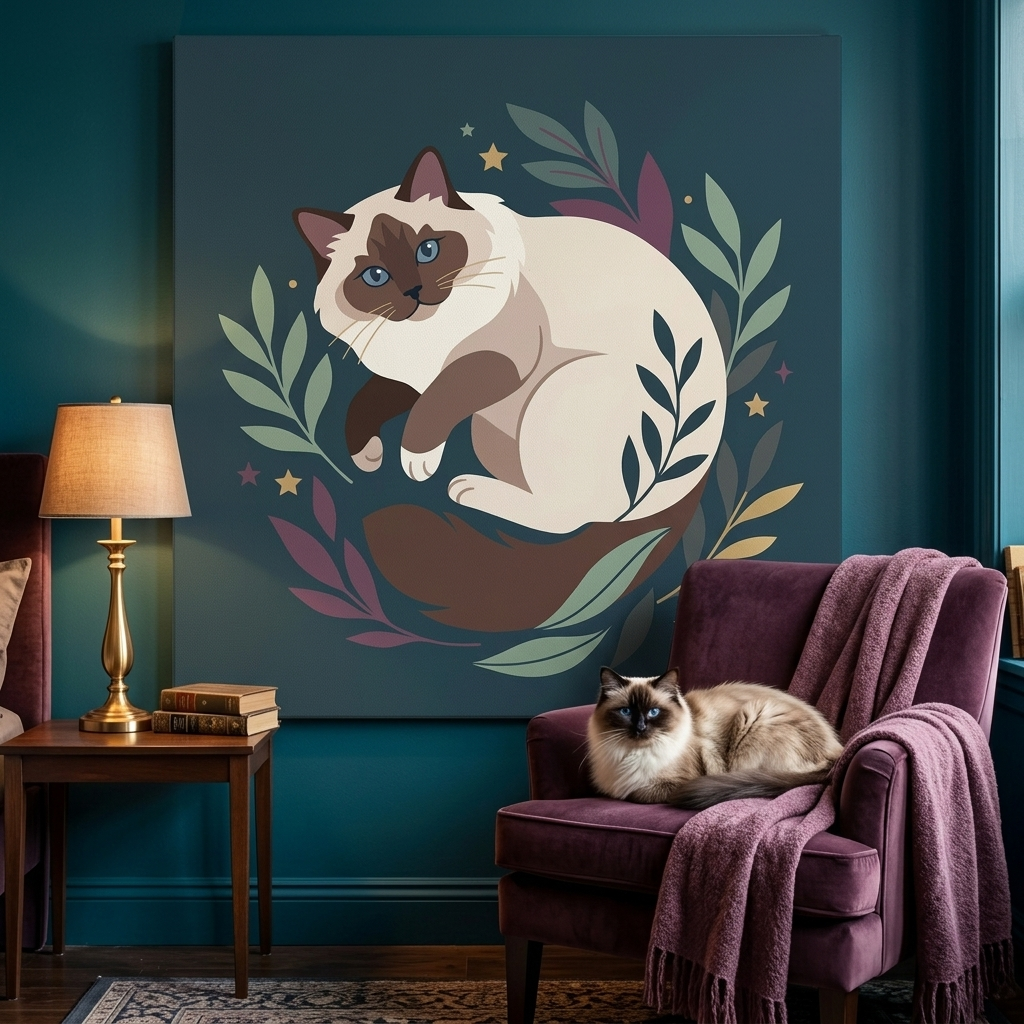 Soft Dream Canvas room mockup; custom cat portrait canvas from photo in the Soft Dream style; longhair cat; proof before print.