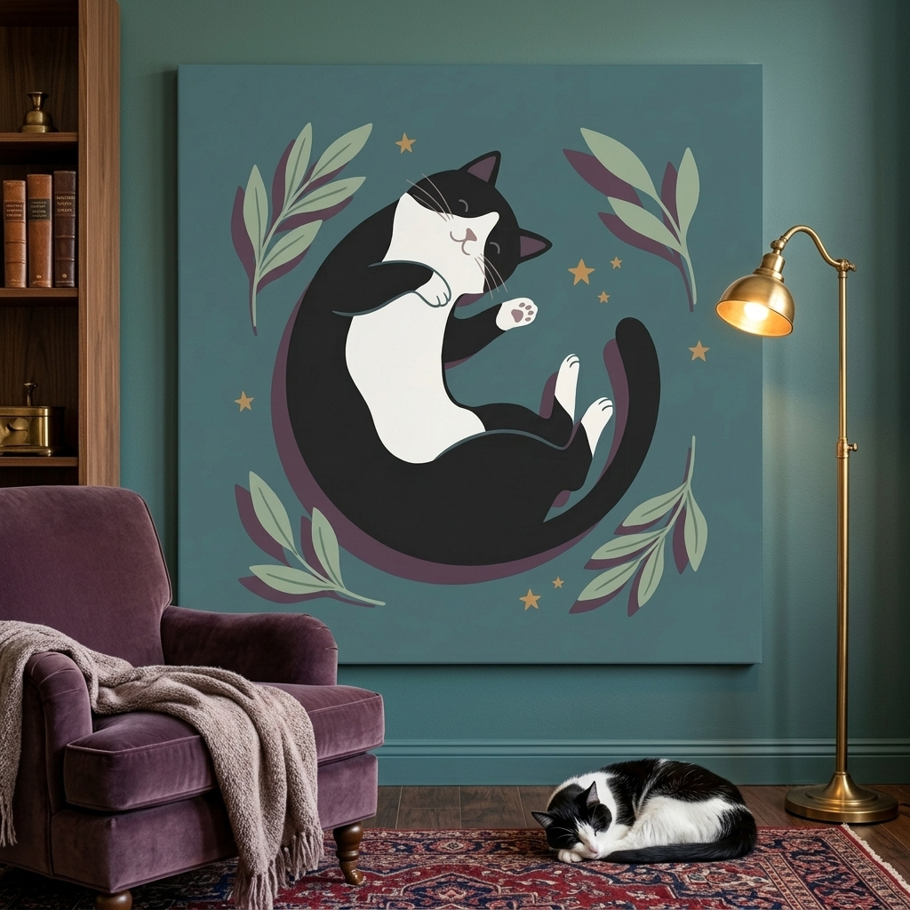 Soft Dream Canvas room mockup; custom cat portrait canvas from photo in the Soft Dream style; tuxedo cat; proof before print.
