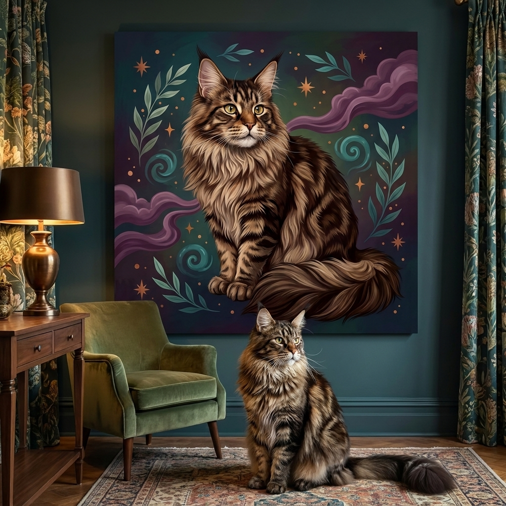 Soft Dream Canvas room mockup; custom cat portrait canvas from photo in the Soft Dream style; longhair cat; proof before print.