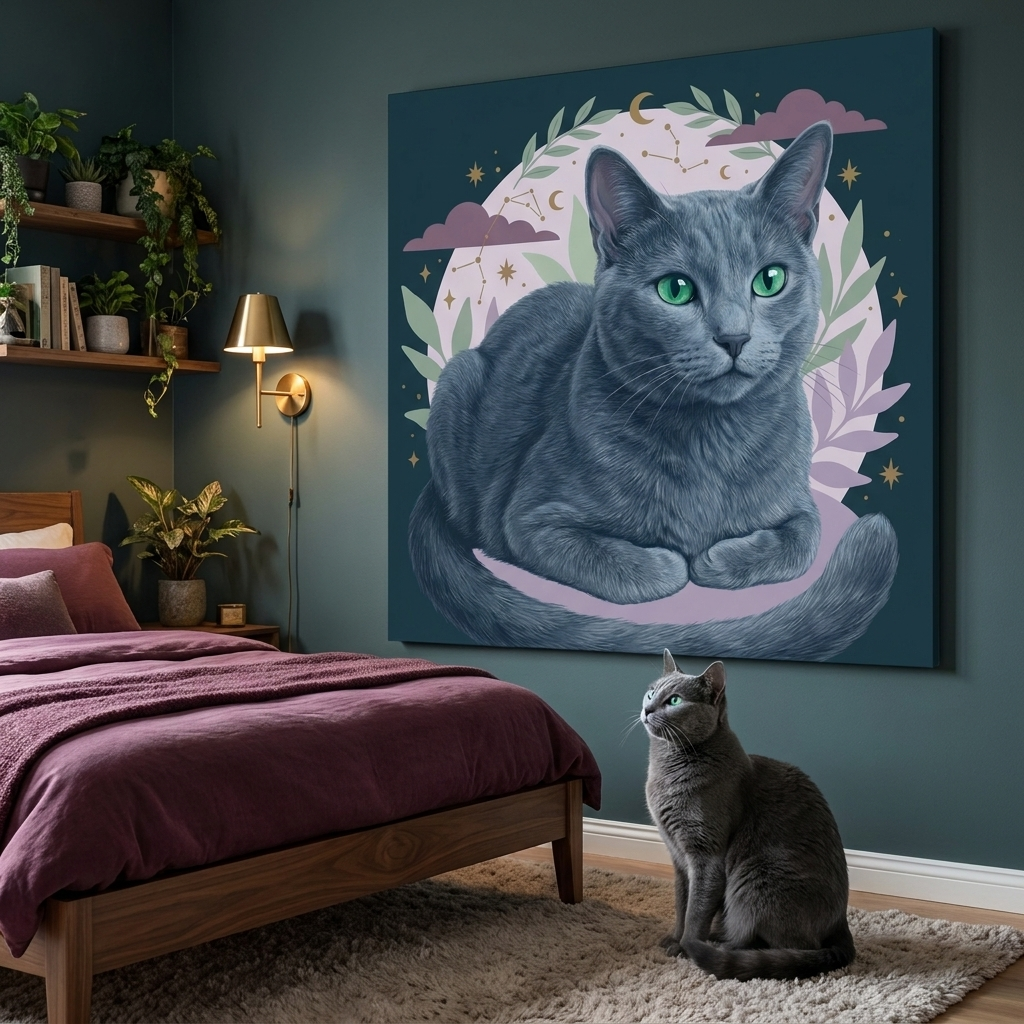 Soft Dream Canvas room mockup; custom cat portrait canvas from photo in the Soft Dream style; gray cat; proof before print.