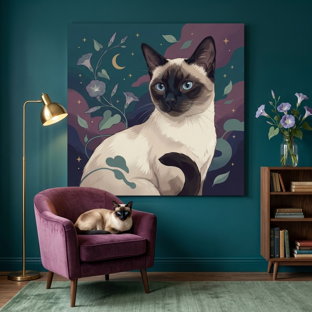 Soft Dream Canvas room mockup; custom cat portrait canvas from photo in the Soft Dream style; pointed cat; proof before print.