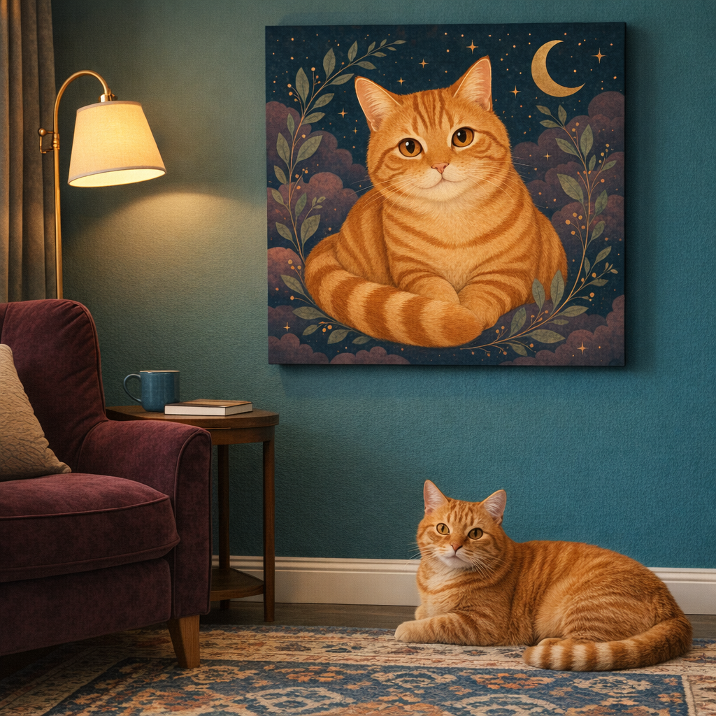 Soft Dream Canvas room mockup; custom cat portrait canvas from photo in the Soft Dream style; orange tabby cat; proof before print.