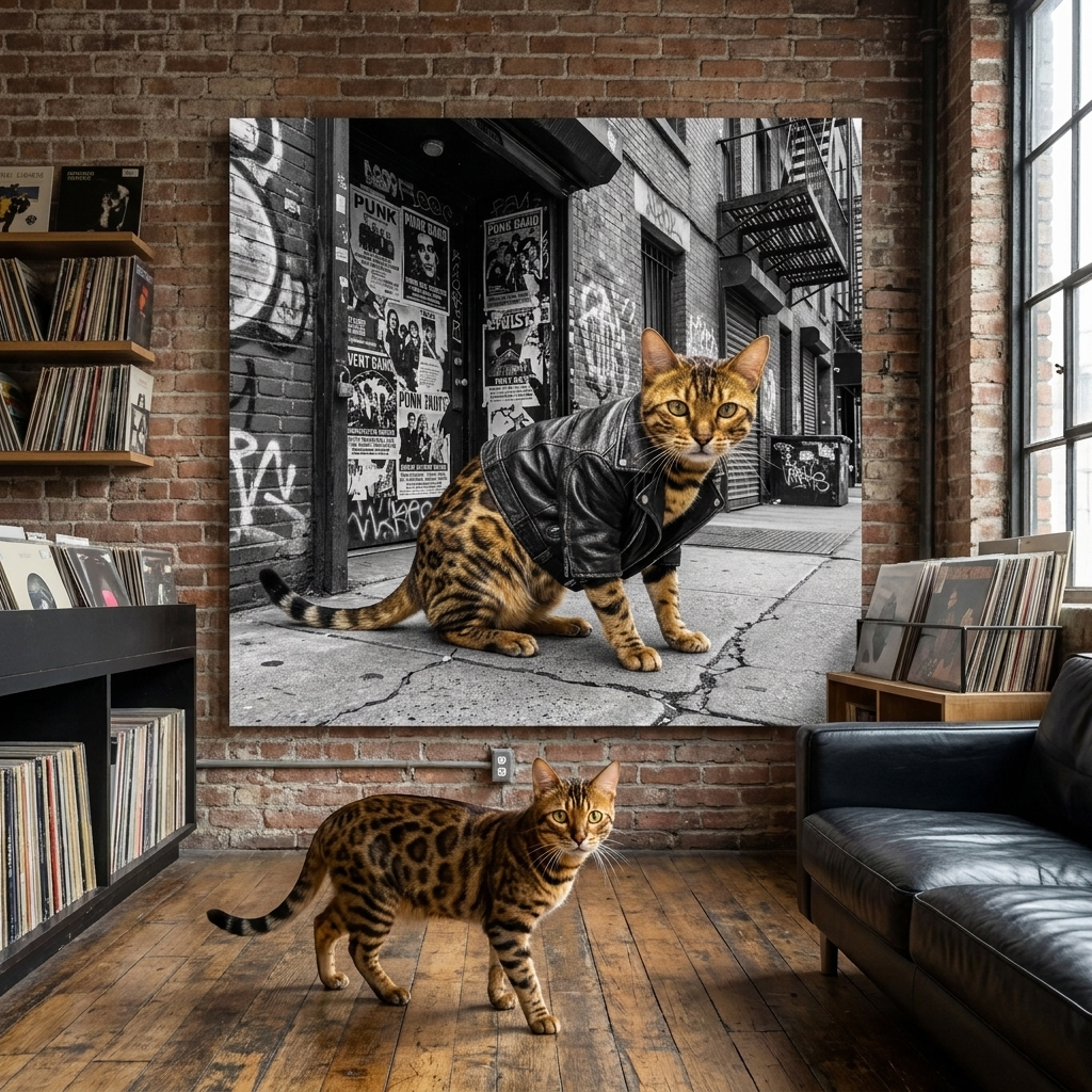 Soho Punk Canvas room mockup; custom cat portrait canvas from photo in the Soho Punk style; spotted tabby-like cat; proof before print.