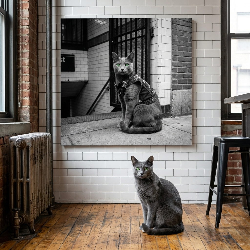 Soho Punk Canvas room mockup; custom cat portrait canvas from photo in the Soho Punk style; gray cat; proof before print.