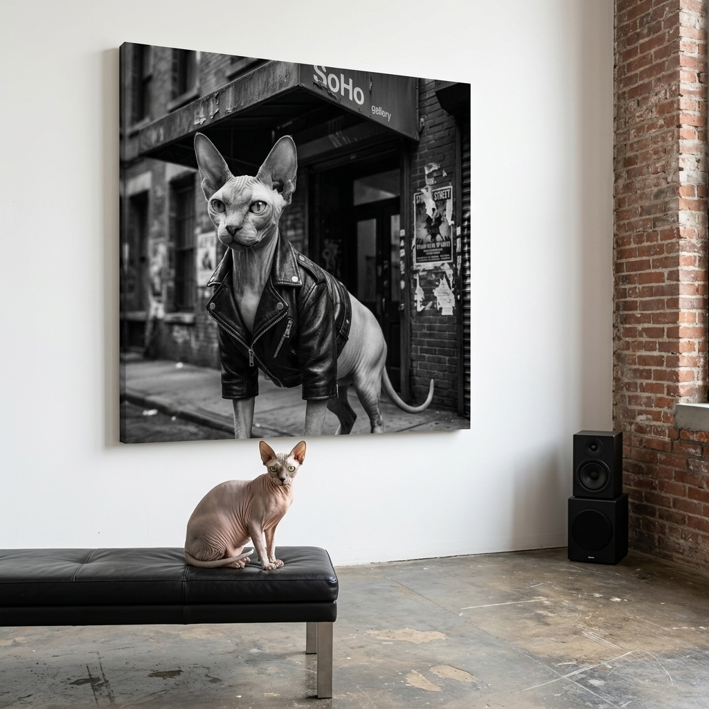 Soho Punk Canvas room mockup; custom cat portrait canvas from photo in the Soho Punk style; hairless cat; proof before print.