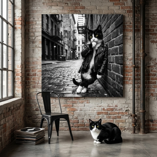 Soho Punk Canvas room mockup; custom cat portrait canvas from photo in the Soho Punk style; tuxedo cat; proof before print.