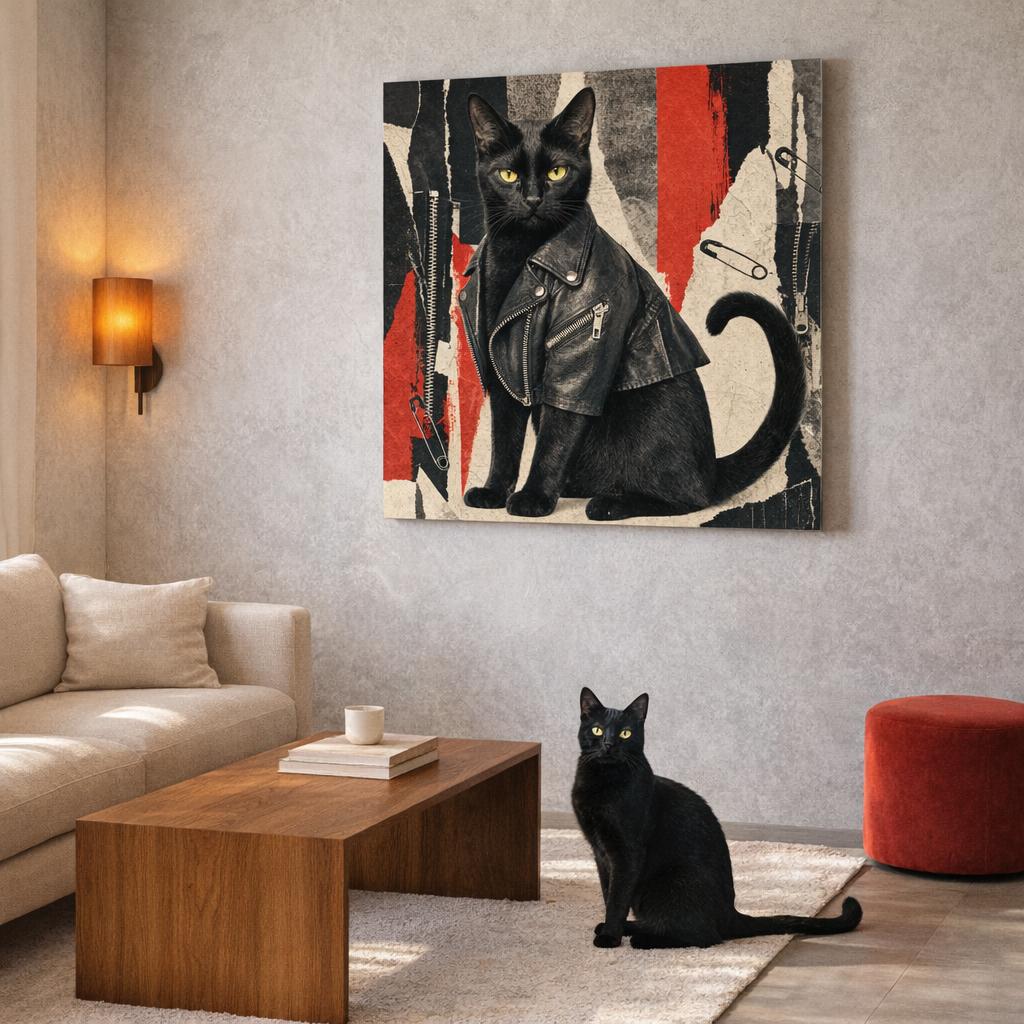 Soho Punk Canvas room mockup; custom cat portrait canvas from photo in the Soho Punk style; black cat; proof before print.