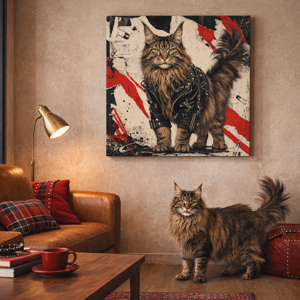 Soho Punk Canvas room mockup; custom cat portrait canvas from photo in the Soho Punk style; longhair cat; proof before print.