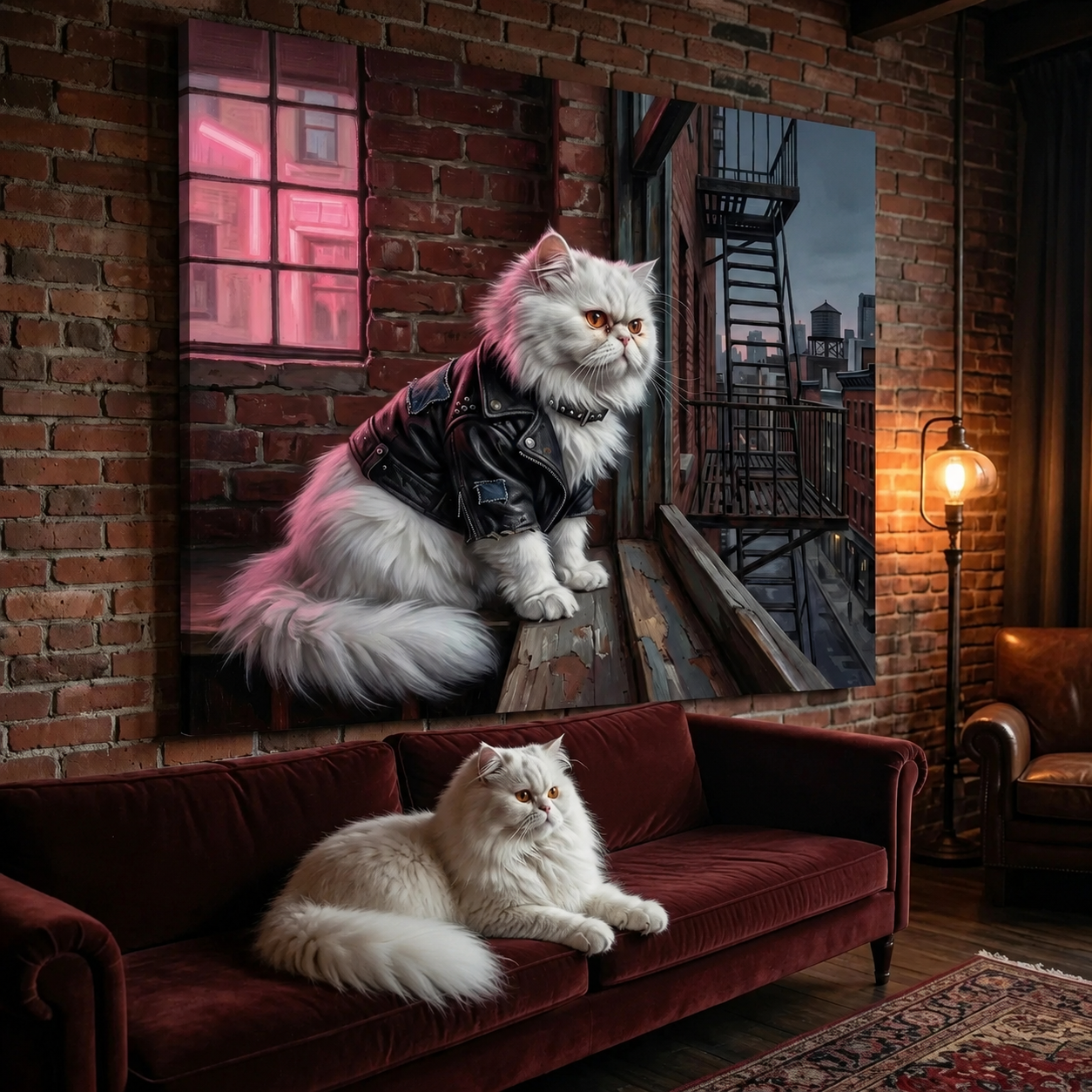 Soho Punk Canvas room mockup; custom cat portrait canvas from photo in the Soho Punk style; longhair cat; proof before print.
