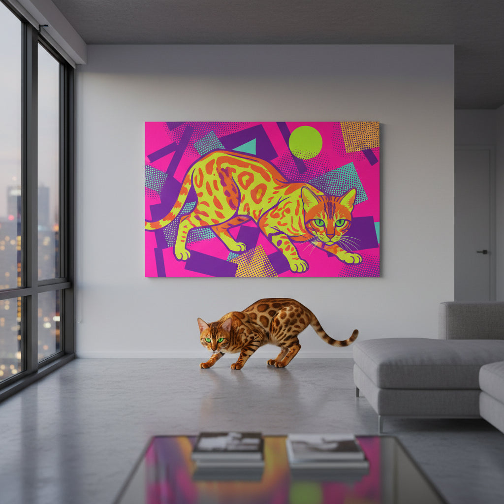 Screen Print Canvas room mockup; custom cat portrait canvas from photo in the Screen Print style; spotted tabby-like cat; proof before print.