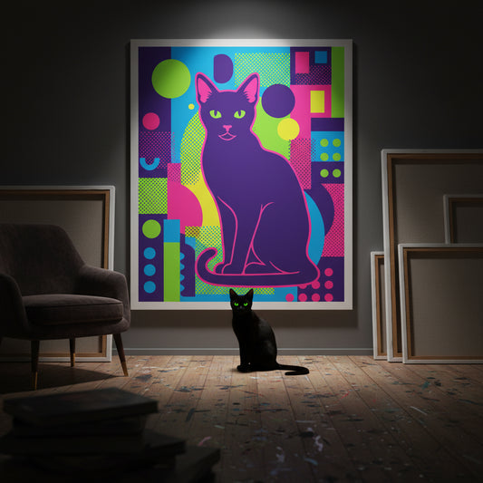 Screen Print Canvas room mockup; custom cat portrait canvas from photo in the Screen Print style; broadcast-themed; black cat; proof before print.