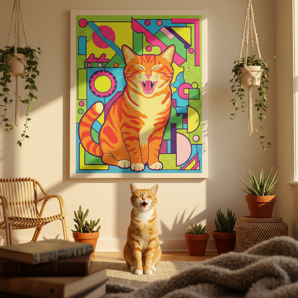 Screen Print Canvas room mockup; custom cat portrait canvas from photo in the Screen Print style; orange tabby cat; proof before print.
