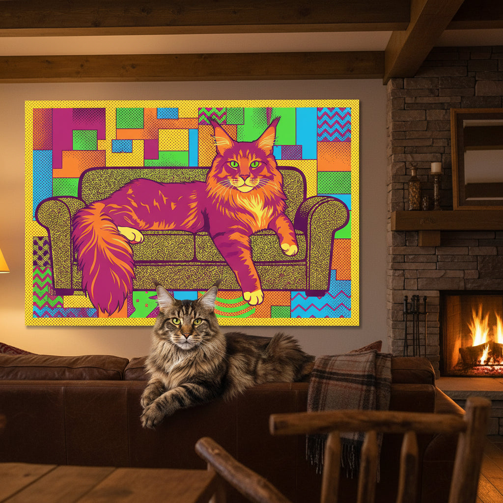 Screen Print Canvas room mockup; custom cat portrait canvas from photo in the Screen Print style; longhair cat; proof before print.