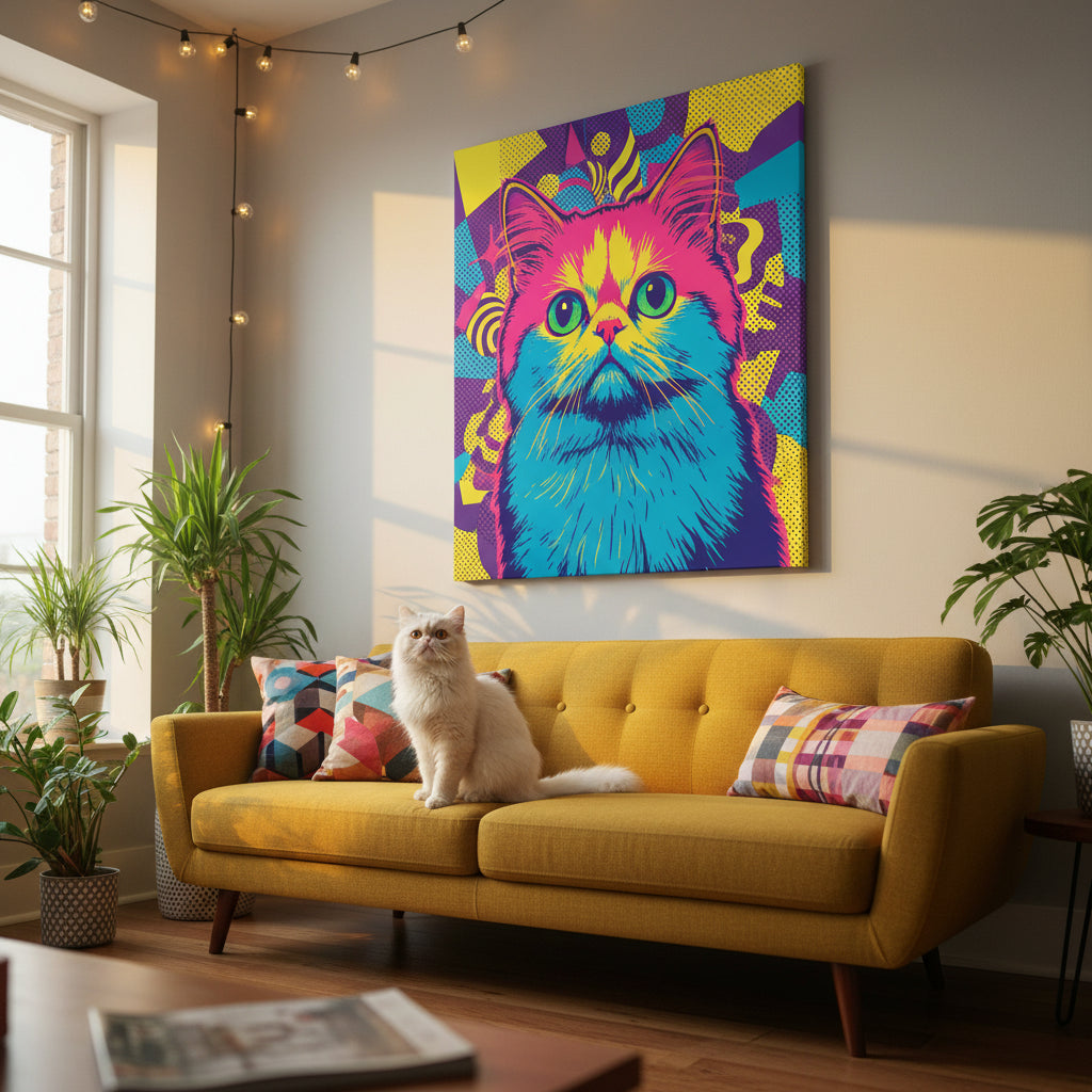 Screen Print Canvas room mockup; custom cat portrait canvas from photo in the Screen Print style; longhair cat; proof before print.