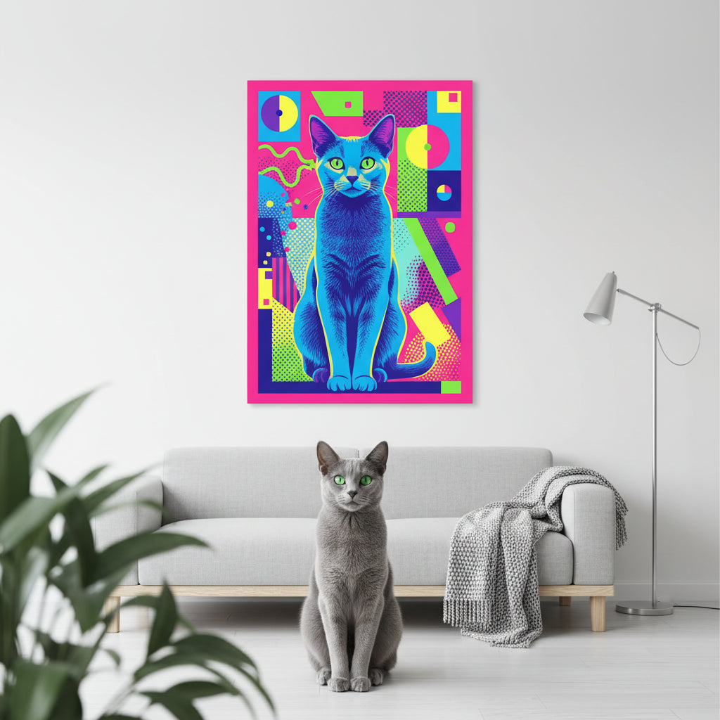 Screen Print Canvas room mockup; custom cat portrait canvas from photo in the Screen Print style; gray cat; proof before print.