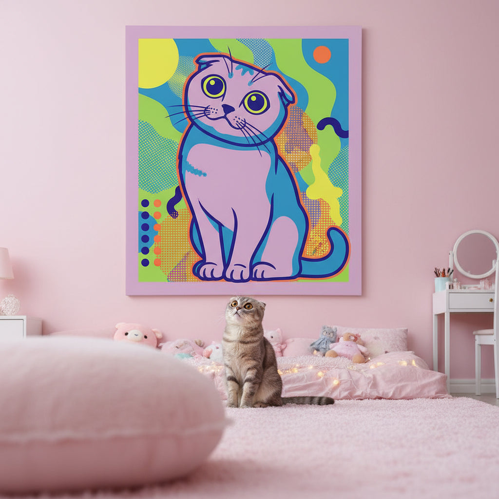 Screen Print Canvas room mockup; custom cat portrait canvas from photo in the Screen Print style; gray cat; proof before print.