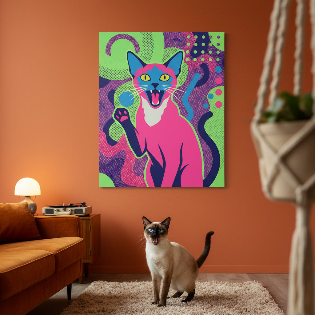 Screen Print Canvas room mockup; custom cat portrait canvas from photo in the Screen Print style; pointed cat; proof before print.