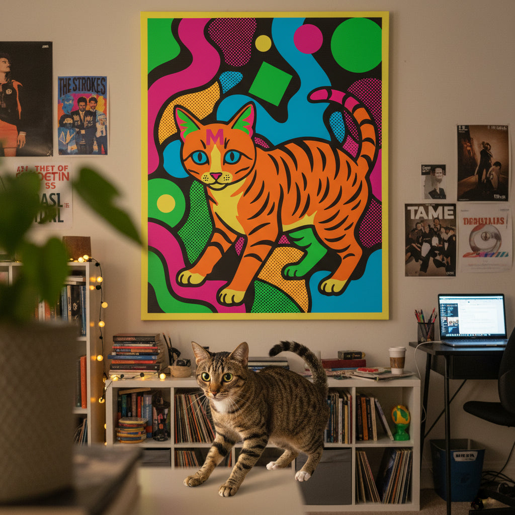 Screen Print Canvas room mockup; custom cat portrait canvas from photo in the Screen Print style; broadcast-themed; spotted tabby-like cat; proof before print.