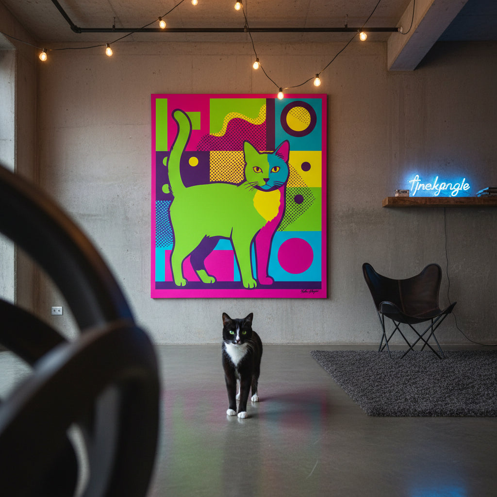 Screen Print Canvas room mockup; custom cat portrait canvas from photo in the Screen Print style; broadcast-themed; tuxedo cat; proof before print.