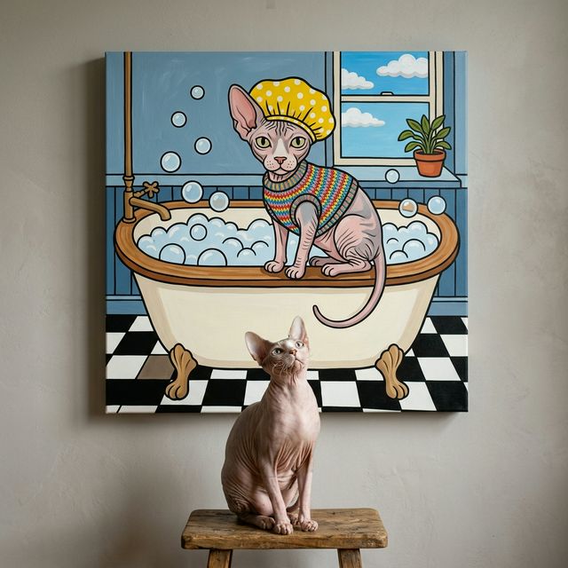 Cozy Kitchen Folk Canvas room mockup; custom cat portrait canvas from photo in the Cozy Kitchen Folk style; kitchen-themed; hairless cat; proof before print.
