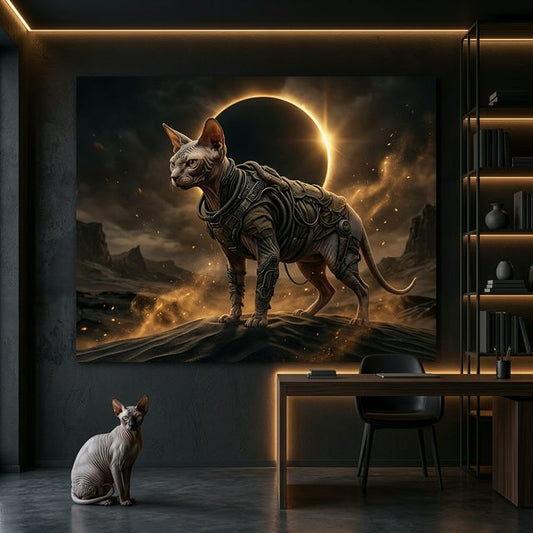 Desert Warrior Canvas room mockup; custom cat portrait canvas from photo in the Desert Warrior style; hairless cat; proof before print.