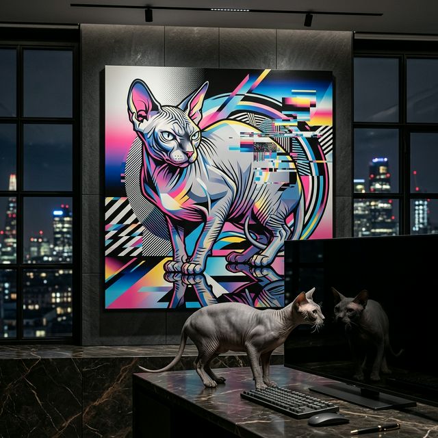 Neon Tech Pop Canvas room mockup; custom cat portrait canvas from photo in the Neon Tech Pop style; broadcast-themed; hairless cat; proof before print.