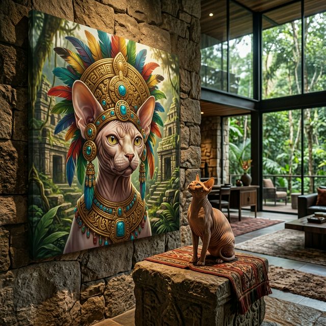 The Sovereign Canvas room mockup; custom cat portrait canvas from photo in the The Sovereign style; nature-themed; hairless cat; proof before print.