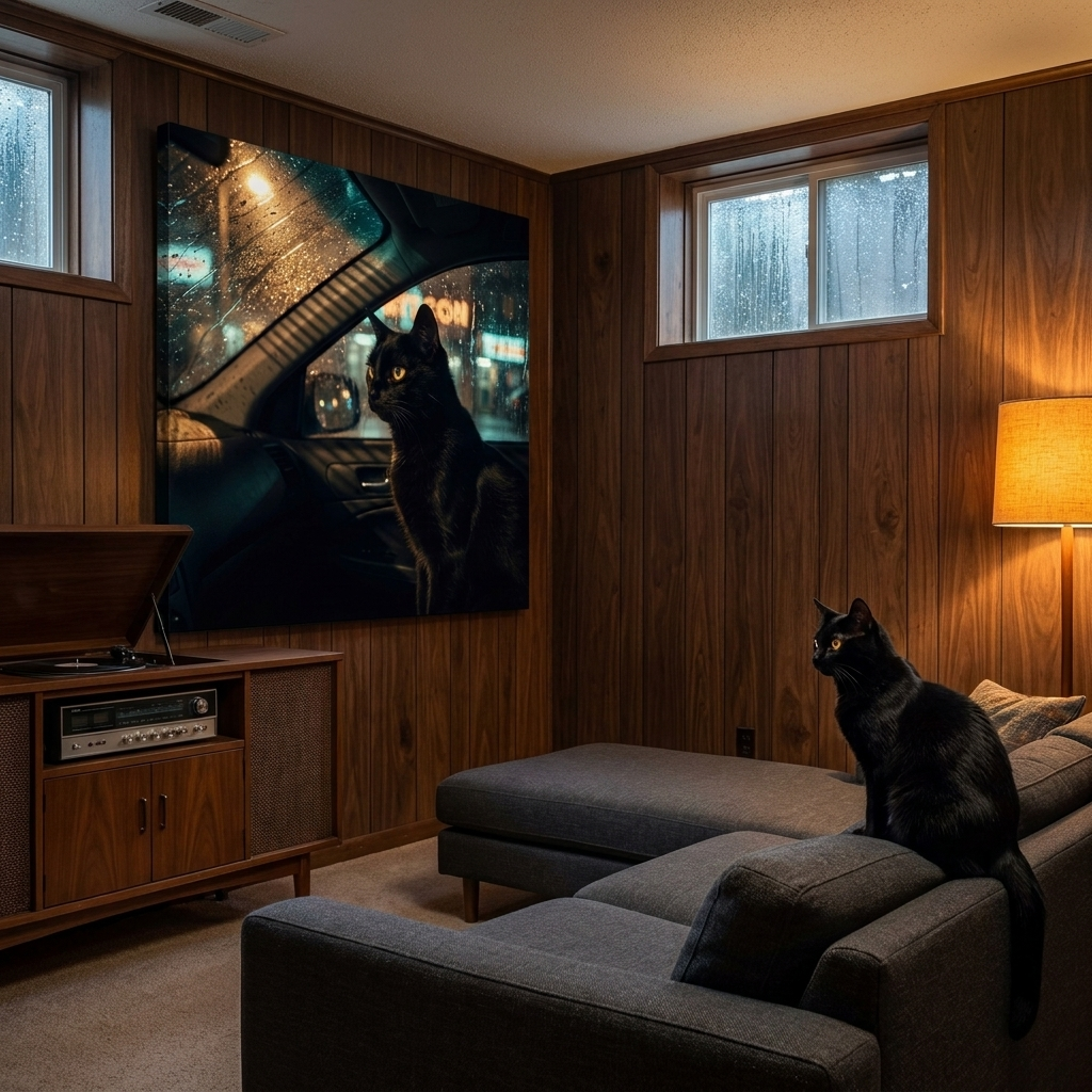 Stakeout Canvas room mockup; custom cat portrait canvas from photo in the Stakeout style; black cat; proof before print.