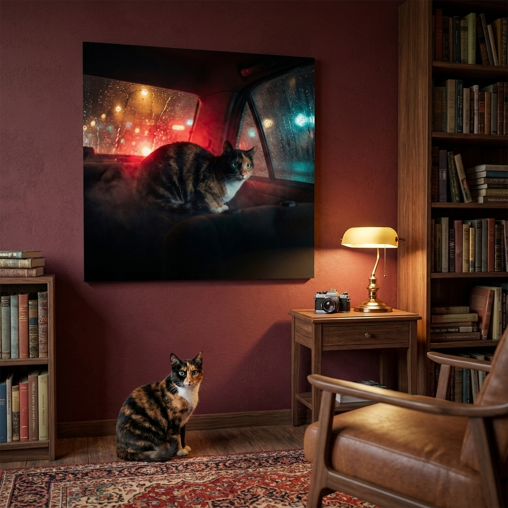 Stakeout Canvas room mockup; custom cat portrait canvas from photo in the Stakeout style; calico cat; proof before print.