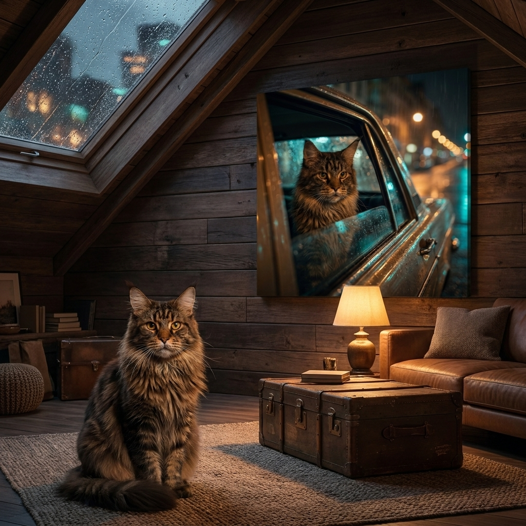 Stakeout Canvas room mockup; custom cat portrait canvas from photo in the Stakeout style; longhair cat; proof before print.