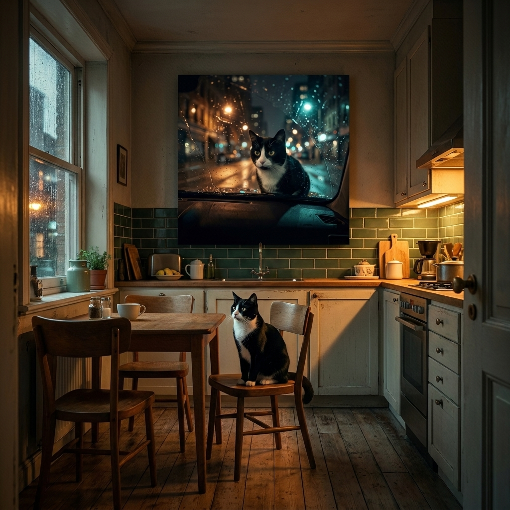 Stakeout Canvas room mockup; custom cat portrait canvas from photo in the Stakeout style; kitchen-themed; tuxedo cat; proof before print.