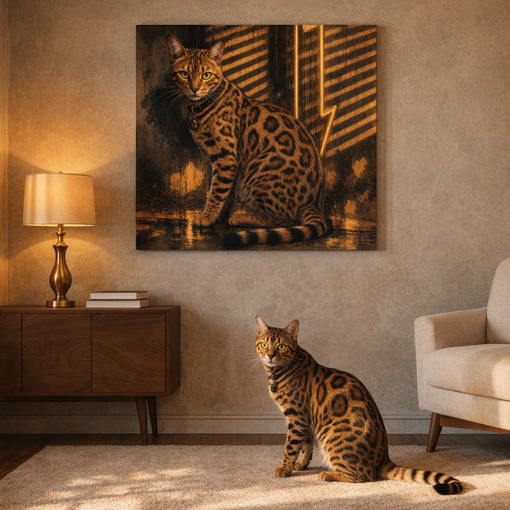Stakeout Canvas room mockup; custom cat portrait canvas from photo in the Stakeout style; detective-themed; spotted tabby-like cat; proof before print.
