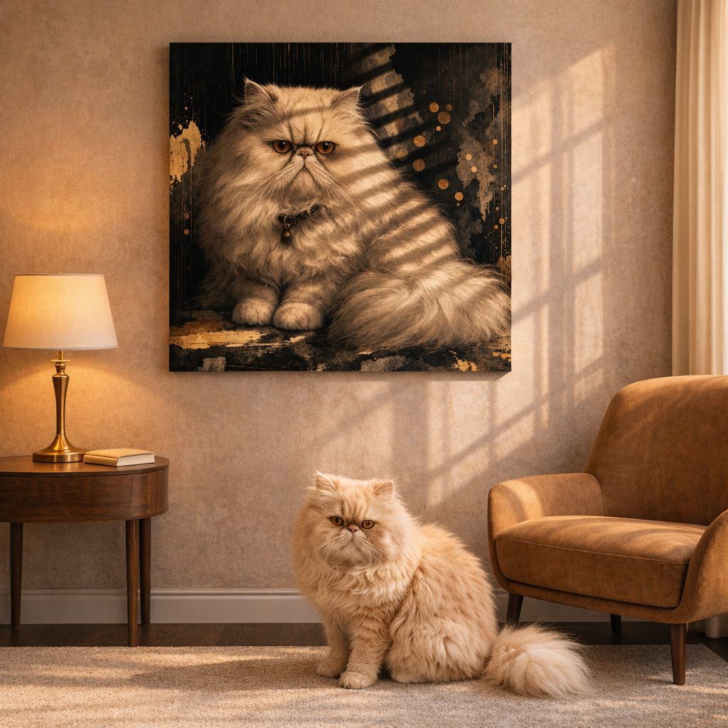 Stakeout Canvas room mockup; custom cat portrait canvas from photo in the Stakeout style; detective-themed; longhair cat; proof before print.