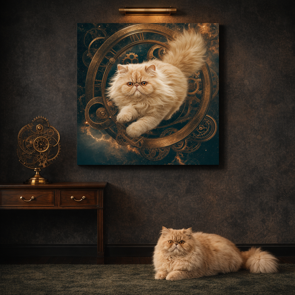 Surreal Dynamic Canvas room mockup; custom cat portrait canvas from photo in the Surreal Dynamic style; longhair cat; proof before print.