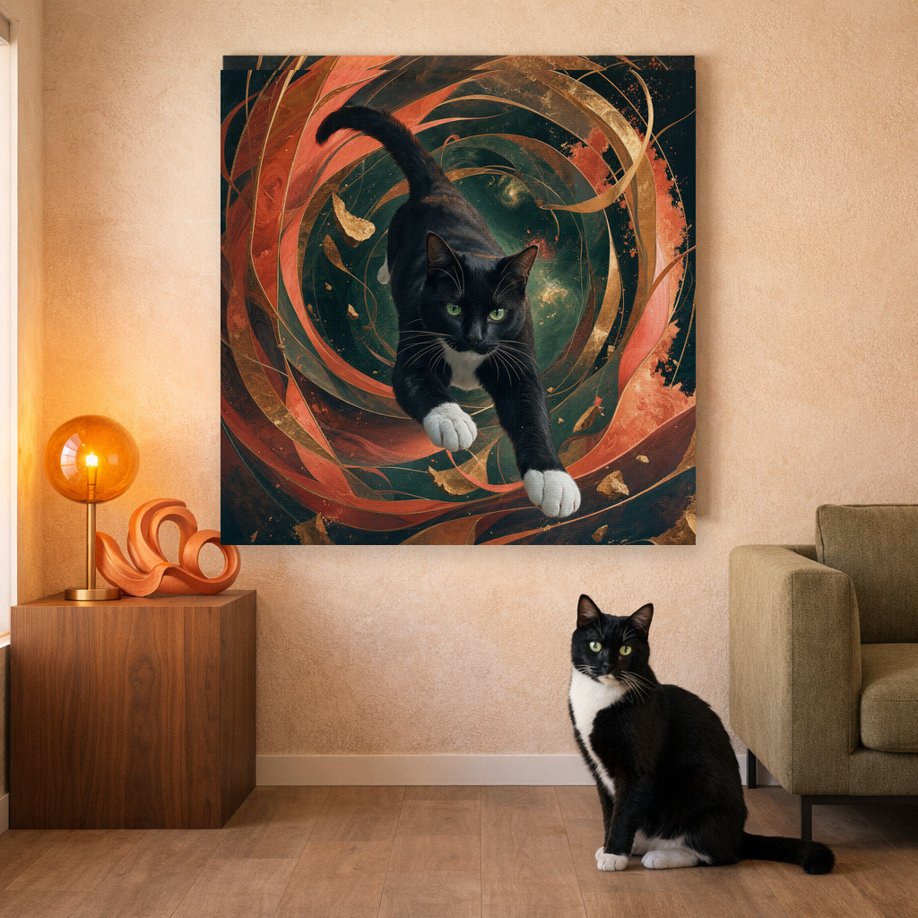 Surreal Dynamic Canvas room mockup; custom cat portrait canvas from photo in the Surreal Dynamic style; tuxedo cat; proof before print.