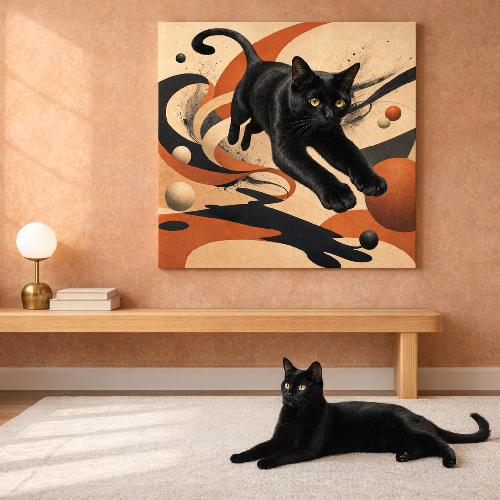 Surreal Dynamic Canvas room mockup; custom cat portrait canvas from photo in the Surreal Dynamic style; black cat; proof before print.