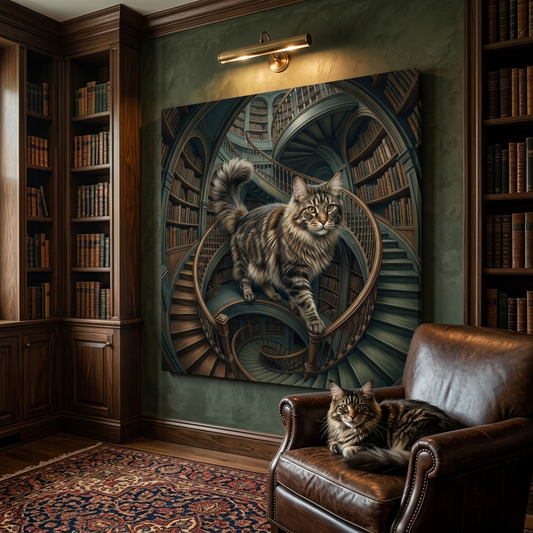 Surreal Dynamic Canvas room mockup; custom cat portrait canvas from photo in the Surreal Dynamic style; longhair cat; proof before print.