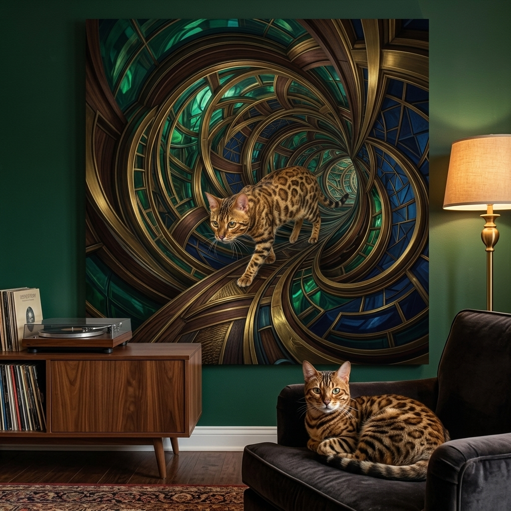 Surreal Dynamic Canvas room mockup; custom cat portrait canvas from photo in the Surreal Dynamic style; spotted tabby-like cat; proof before print.