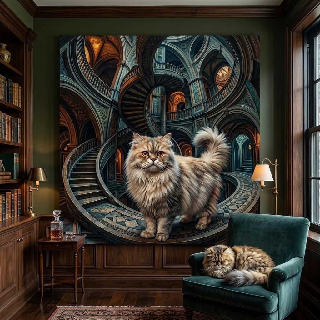Surreal Dynamic Canvas room mockup; custom cat portrait canvas from photo in the Surreal Dynamic style; longhair cat; proof before print.