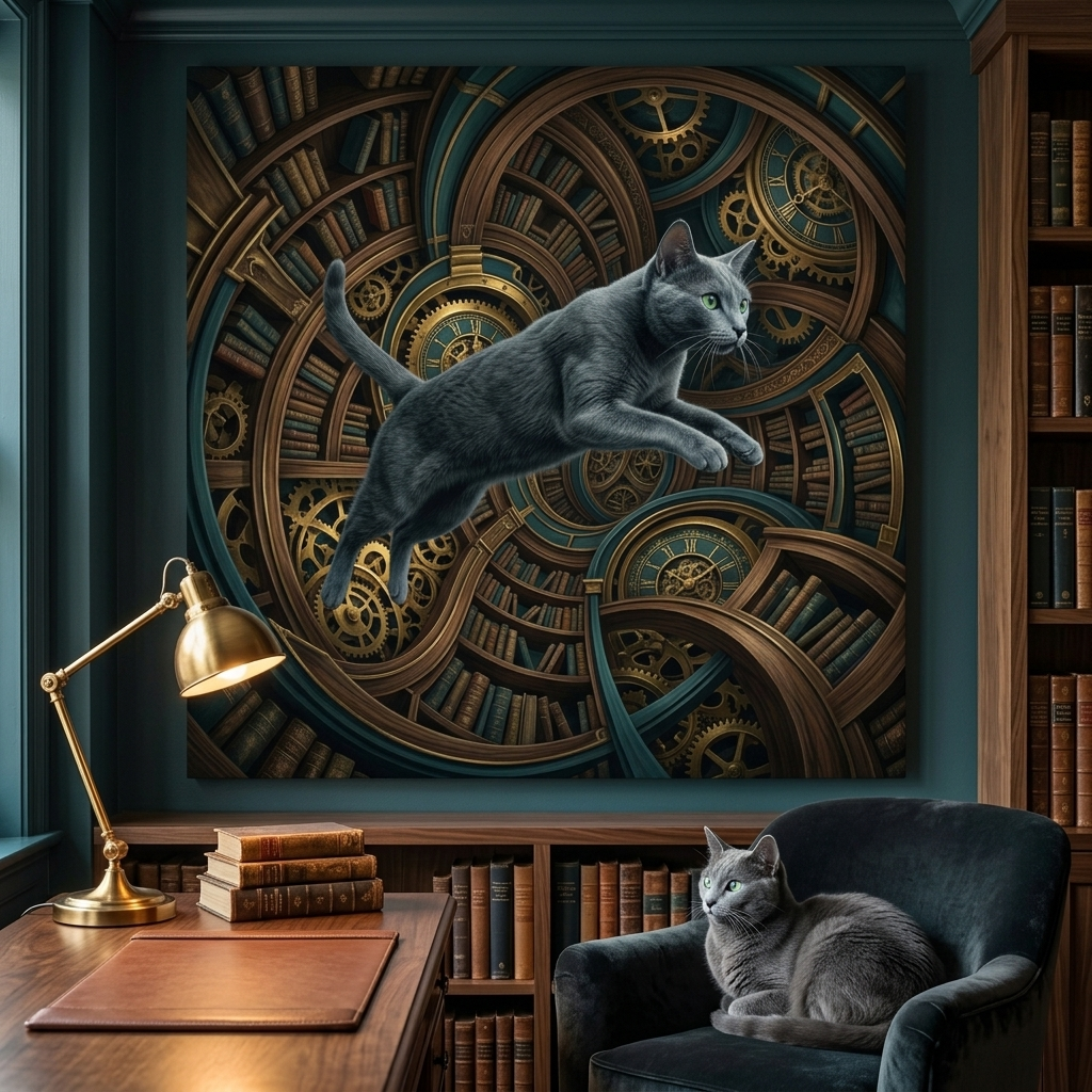 Surreal Dynamic Canvas room mockup; custom cat portrait canvas from photo in the Surreal Dynamic style; gray cat; proof before print.